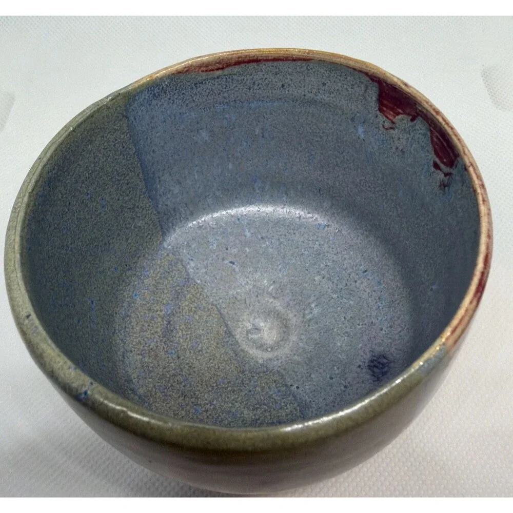 Handmade Studio Pottery Matcha Tea Bowl Chawan Signed Tri-Color Drip Glaze